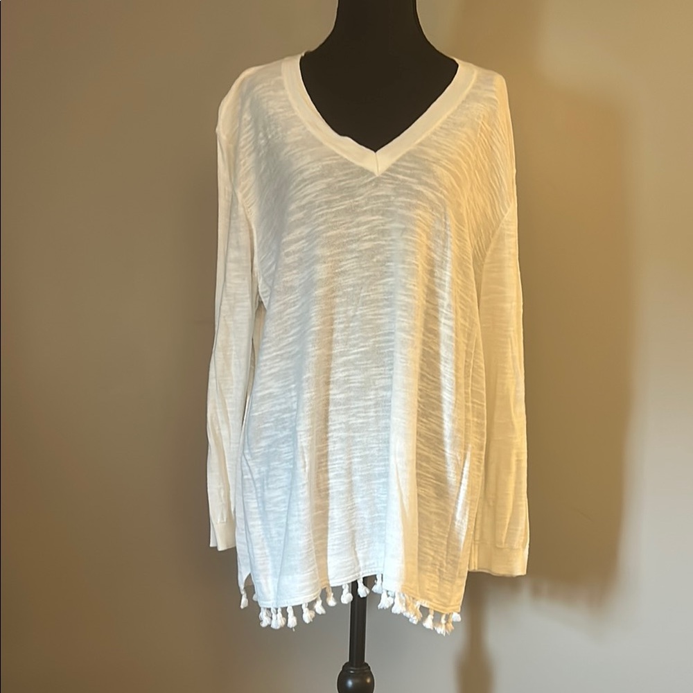 Loft outlet Women's Cream V-Neck Top with Tassel Hem